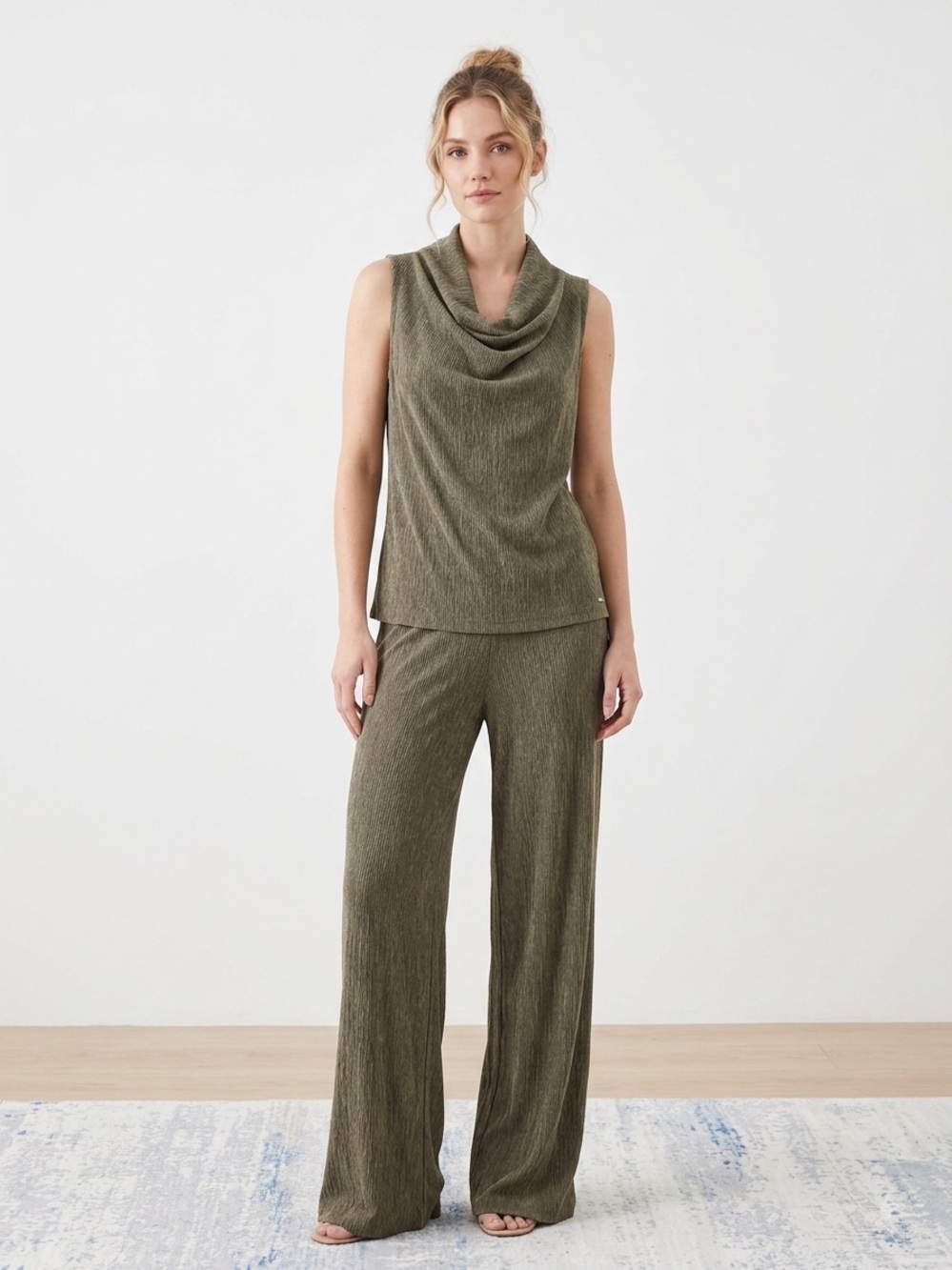 Tahari Olive Green Sleeveless Cowl Neck Sweater Tank and pant set